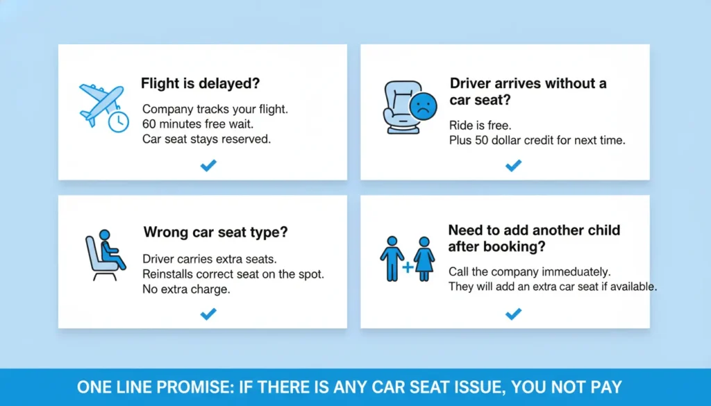 Four box infographic showing solutions for parents: flight delay gives 60 minute free wait, driver without car seat gives free ride plus 50 dollar credit, wrong car seat type gets reinstalled for free, need another child seat can be added by calling the company.