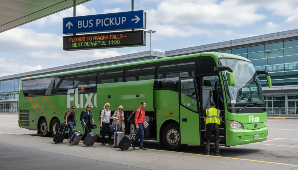 Green FlixBus parked at Pearson Airport Terminal 1 Ground Level with passengers boarding and luggage being loaded into storage compartment