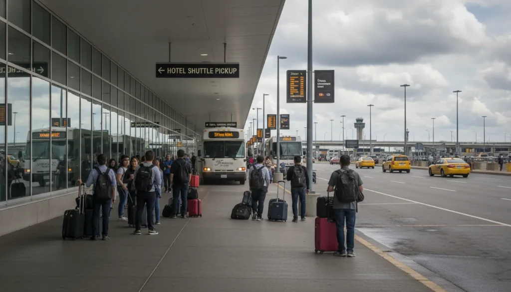 Hotel shuttle bus at Toronto Pearson International Airport ground transportation pickup zone