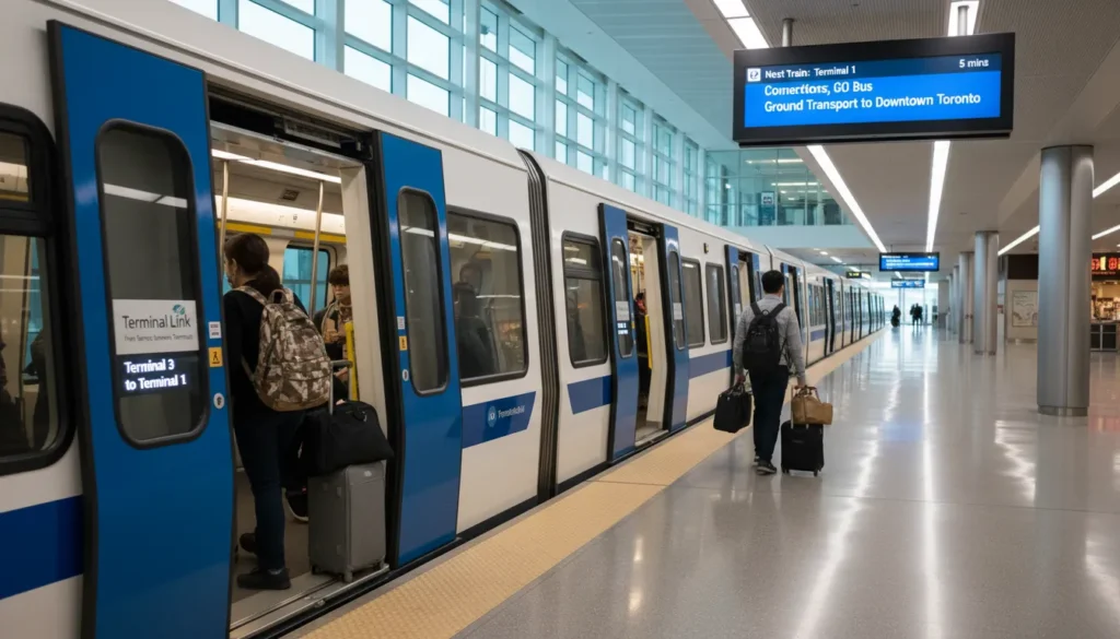 Free Terminal Link train at Pearson Airport station with passengers boarding and luggage, connecting Terminal 3 to Terminal 1