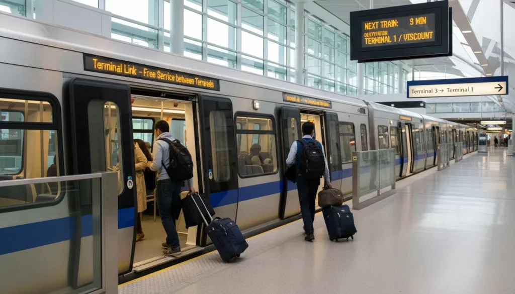 Free Terminal Link train at Pearson Airport station with passengers boarding and luggage, connecting Terminal 3 to Terminal 1