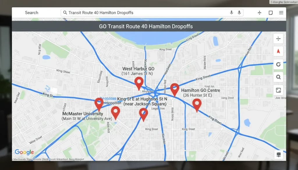 Map of Hamilton showing 5 GO Transit bus dropoff locations: Hamilton GO Centre at 36 Hunter St E, King St E at Hughson St N near Jackson Square, King St W at Dundurn St N near St Joseph's Hospital, McMaster University at Main St W, and West Harbour GO at 161 James St N.