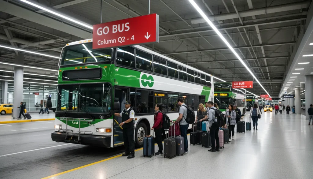 Red GO Transit signs hanging from ceiling at Pearson Airport Terminal 1 Ground Level showing Column Q2 to Q4 with GO bus bay and passengers waiting for Route 40 to Hamilton.