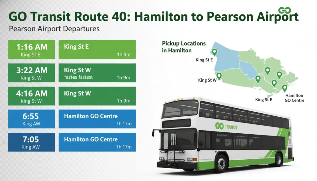 Timetable showing GO Transit Route 40 departures from Hamilton to Pearson Airport with pickup locations at King Street, Hamilton GO Centre, and McMaster University