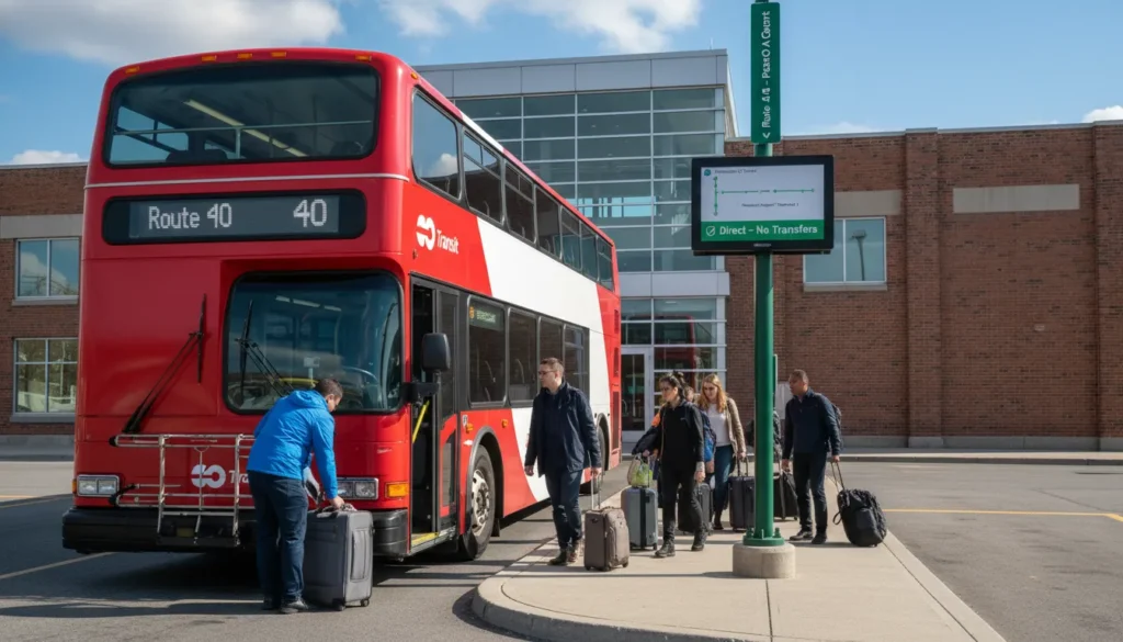 GO Transit Route 40 direct bus from Hamilton GO Centre to Toronto Pearson Airport Terminal 1. One bus with no transfers. Passengers board in Hamilton and get off at Pearson Airport. Red GO Transit bus parked at Terminal 1 ground level.