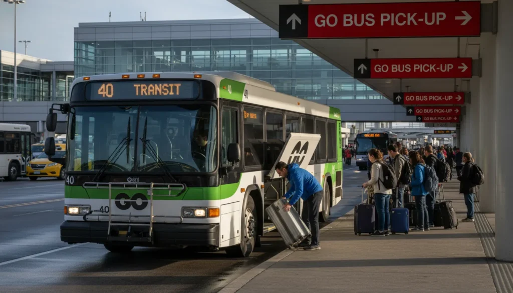 Green and white GO Transit bus parked at Pearson Airport Terminal 1 Ground Level with passengers loading suitcases into under-bus storage
