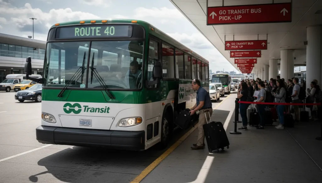 Green and white GO Transit bus parked at Pearson Airport Terminal 1 Ground Level with passengers loading suitcases into under bus storage
