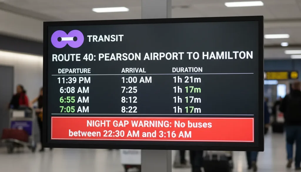 Schedule board showing GO Transit Route 40 departure times from Pearson Airport to Hamilton at 11:39 PM, 6:08 AM, 6:55 AM, and 7:05 AM with night gap warning no buses between 2:30 AM and 3:16 AM.