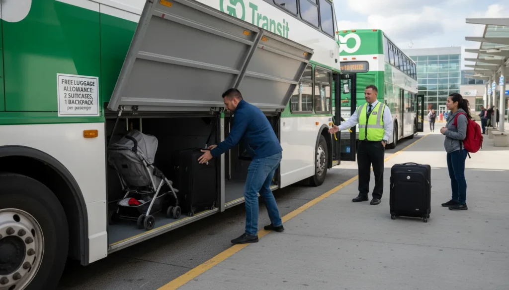 Passenger placing two large suitcases into under-bus storage compartment of GO Transit bus with backpack and baby stroller visible