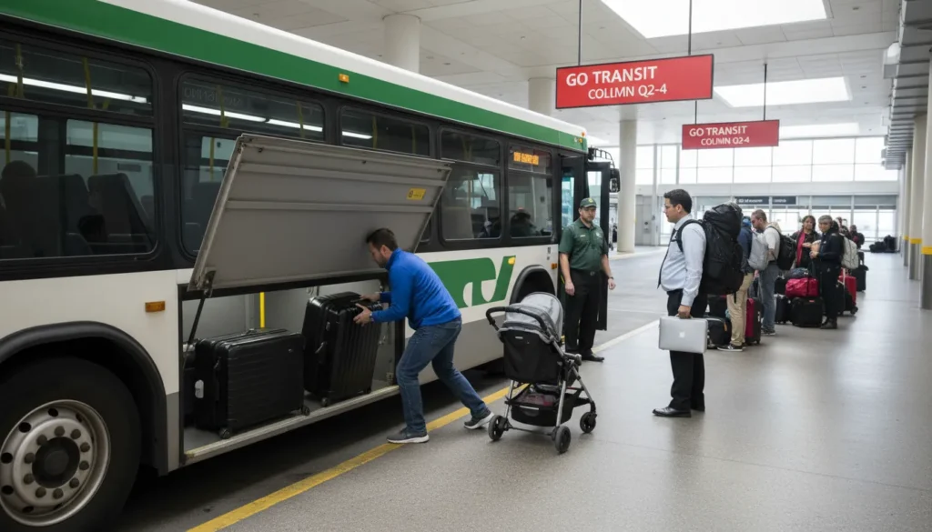 Passenger placing two large suitcases into under-bus storage compartment of green and white GO Transit Route 40 bus at Pearson Airport Terminal 1. Another passenger holding a backpack and a baby stroller waiting to board.