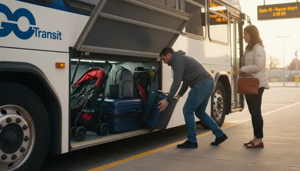 GO Transit bus parked at Hamilton GO Centre with under-bus luggage compartment open showing two large suitcases, one carry-on bag, a folded baby stroller, and a golf bag stored inside. A passenger is placing a suitcase while another person holds a backpack.