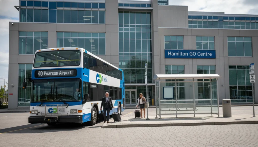 GO Transit Route 40 bus parked at Hamilton GO Centre located at 36 Hunter Street East in Hamilton Ontario. The bus is blue and white with GO Transit logo. A bus stop sign and shelter are visible. Passengers are waiting to board the bus to Toronto Pearson Airport.