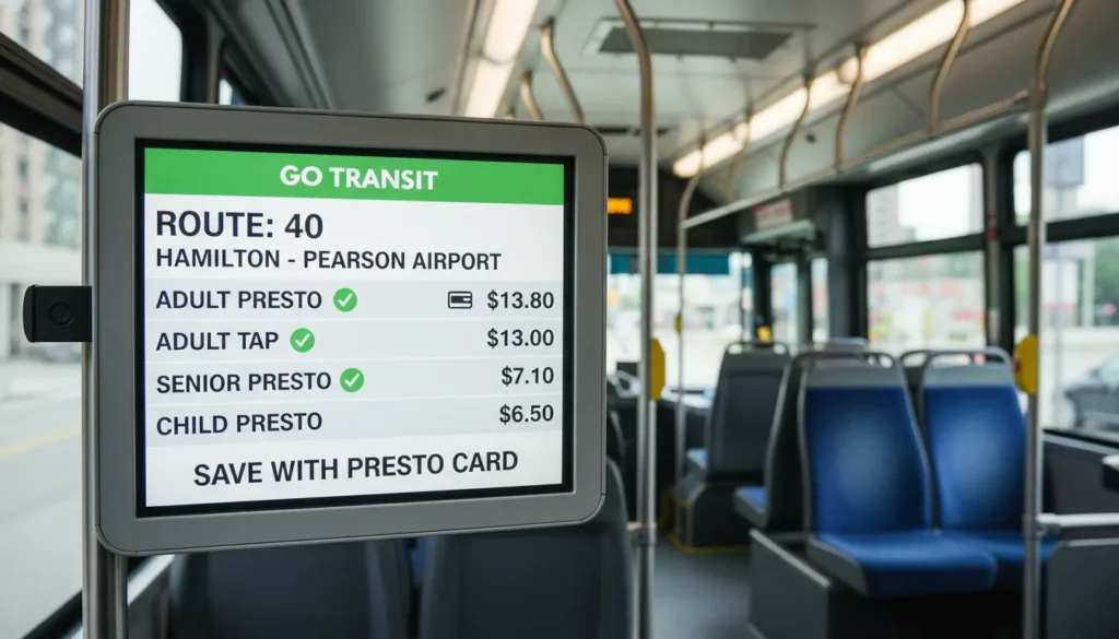 GO Transit Route 40 fare display showing adult fare $10.80 with PRESTO card and $13.00 with credit card or cash for travel from Hamilton to Toronto Pearson Airport