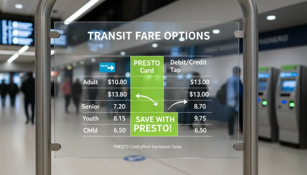 Fare comparison table for GO Transit Route 40 showing PRESTO card fares 10.80 a d u l t , 10.80adult,7.20 senior, 8.10 y o u t h , 8.10youth,6.50 child compared to tap and cash fares