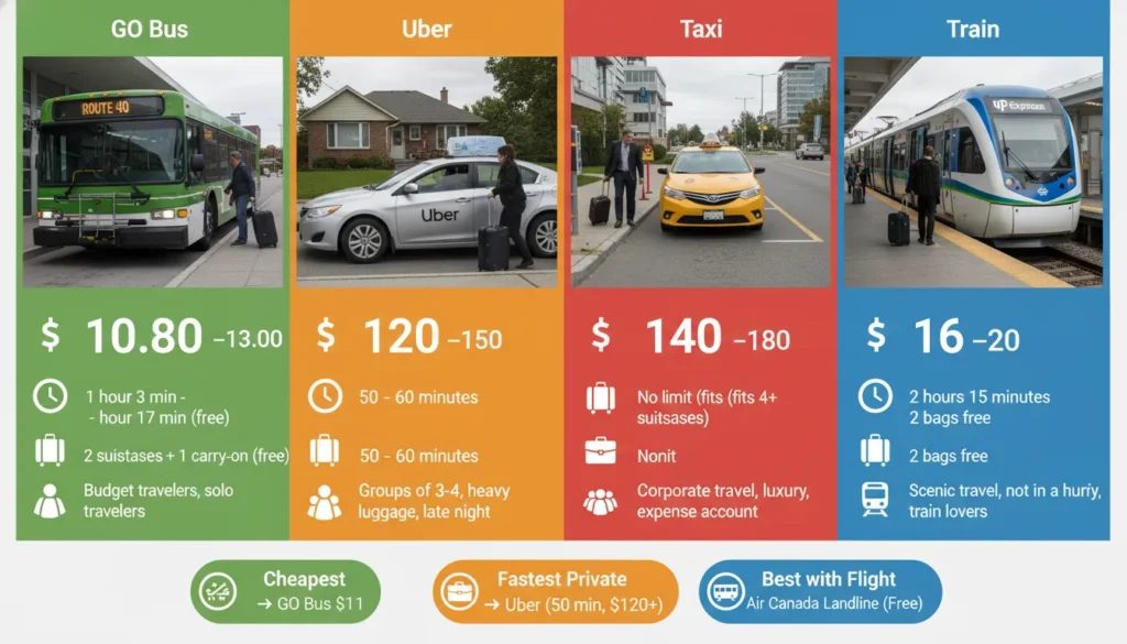 Comparison chart showing four transportation options from Hamilton to Toronto Pearson Airport: GO Bus costs 11 a n d t a k e s 70 m i n u t e s , U b e r c o s t s 11andtakes70minutes,Ubercosts135 and takes 55 minutes, Taxi costs 160 a n d t a k e s 55 m i n u t e s , T r a i n c o s t s 160andtakes55minutes,Traincosts18 and takes 135 minutes. GO Bus is the cheapest and best for budget travelers.