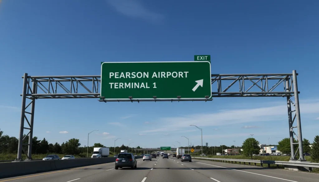 Highway 409 exit sign showing Pearson Airport Terminal 1 arrow direction for Delta Air Lines passengers