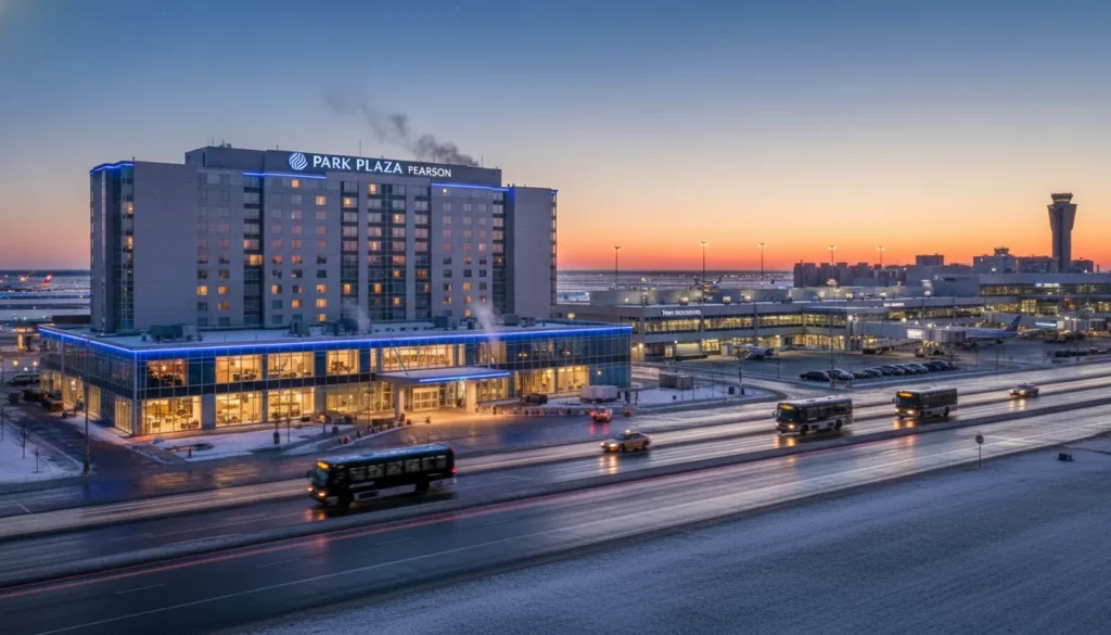 Hotel room near Toronto Pearson International Airport with airport view at early morning dawn