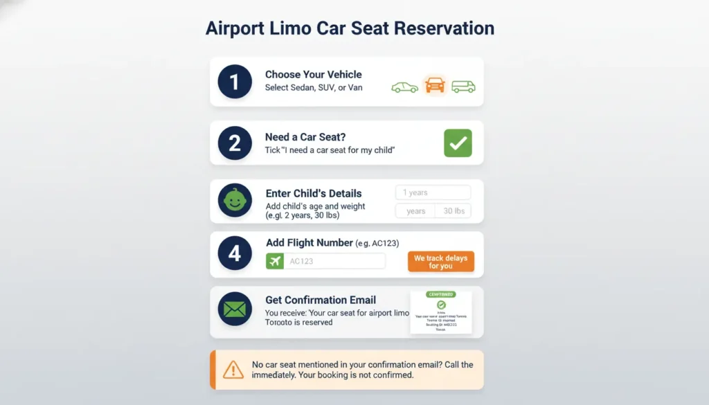 Five step booking process showing how to reserve and confirm a car seat for airport limo Toronto including vehicle selection, checking car seat box, entering child age and weight, adding flight number, and receiving confirmation email
