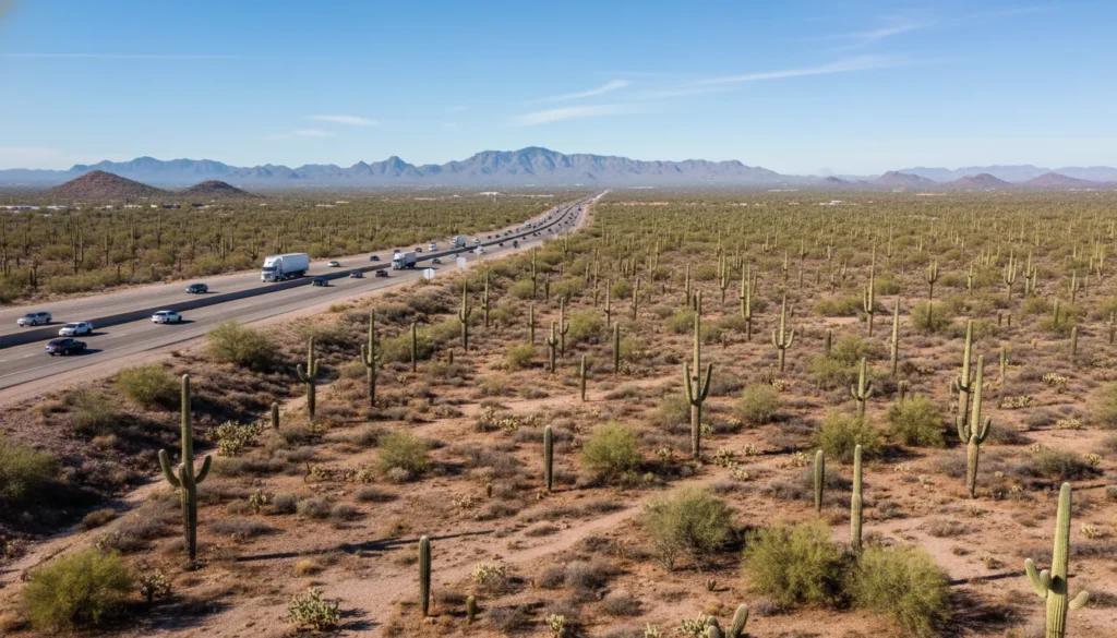 The scenic desert view of Interstate 10 highway connecting Phoenix Sky Harbor to Tucson.