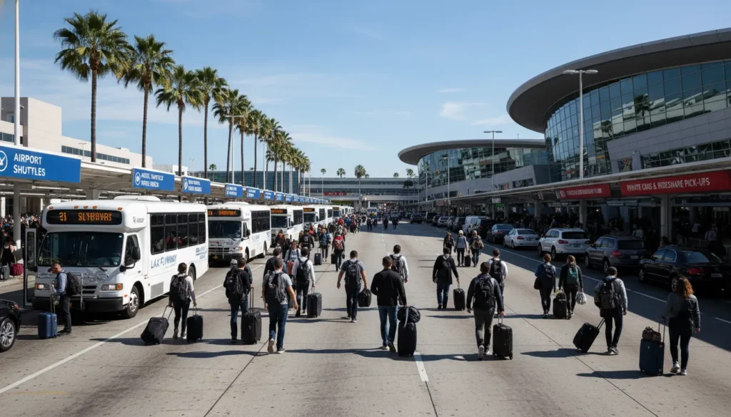 Travelers with luggage standing at the outdoor ground transportation curb outside an LAX terminal next to a shuttle bus.