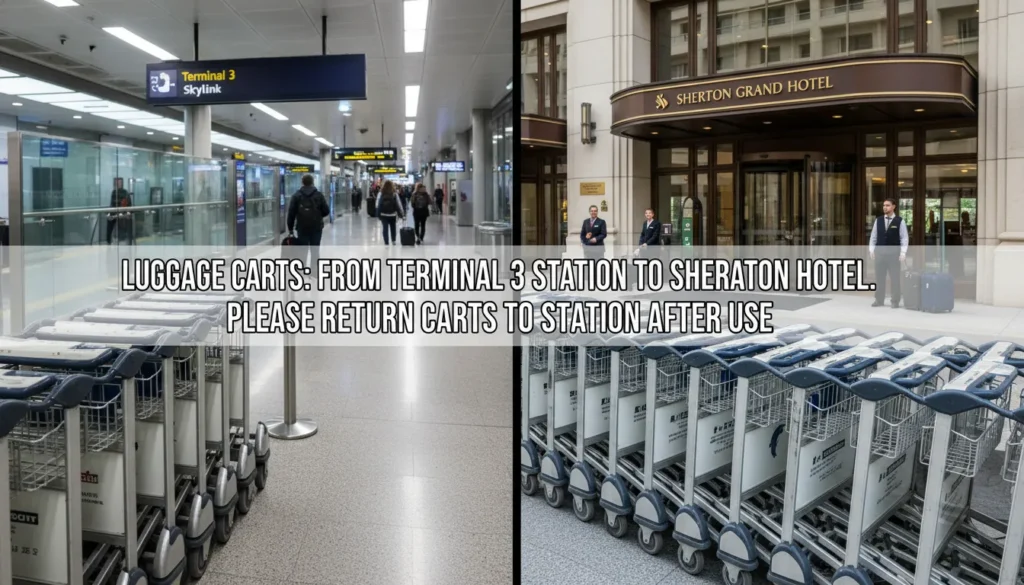 Luggage cart station at Pearson Terminal 3 UP Express platform and another cart at Sheraton Hotel entrance