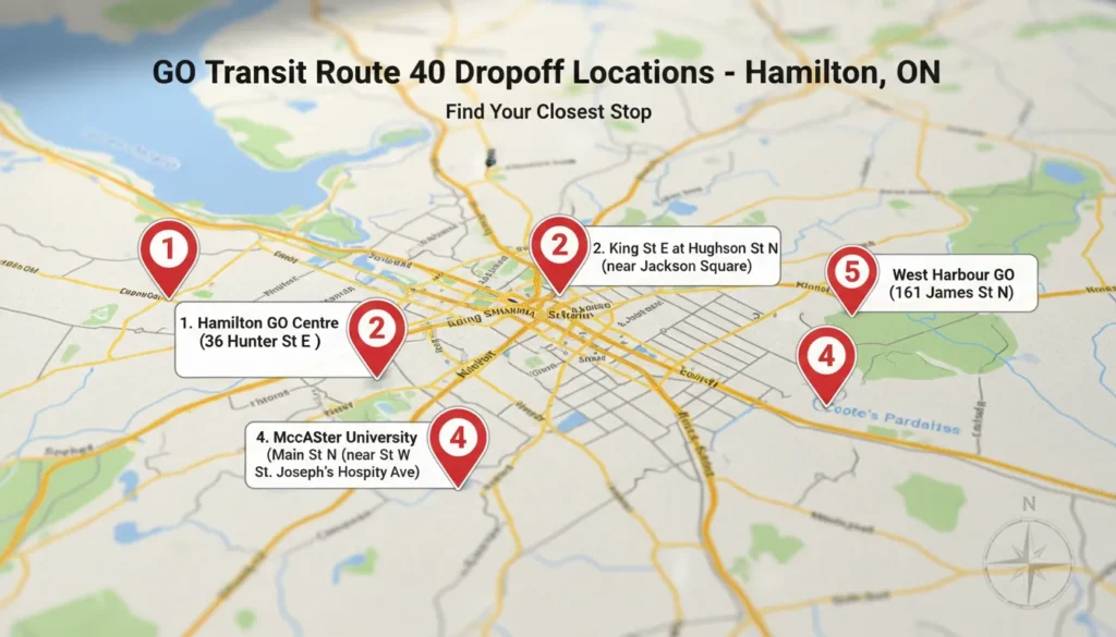 Map of Hamilton showing five GO Transit bus dropoff locations: Hamilton GO Centre, King St E at Hughson St N, King St W at Dundurn St N, McMaster University, and West Harbour GO