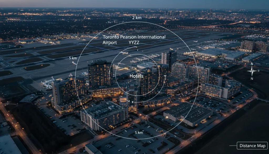 Aerial view of hotels surrounding Toronto Pearson International Airport with distance markers