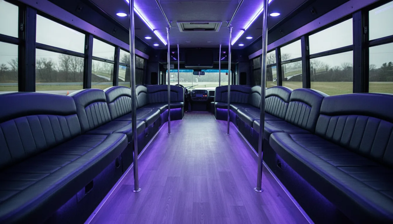 Interior view of a mid-size party bus in Toronto showing a wide center aisle with spacious wood-finished flooring, custom leather perimeter seating, wrap-around handrails, and ambient LED club lighting.