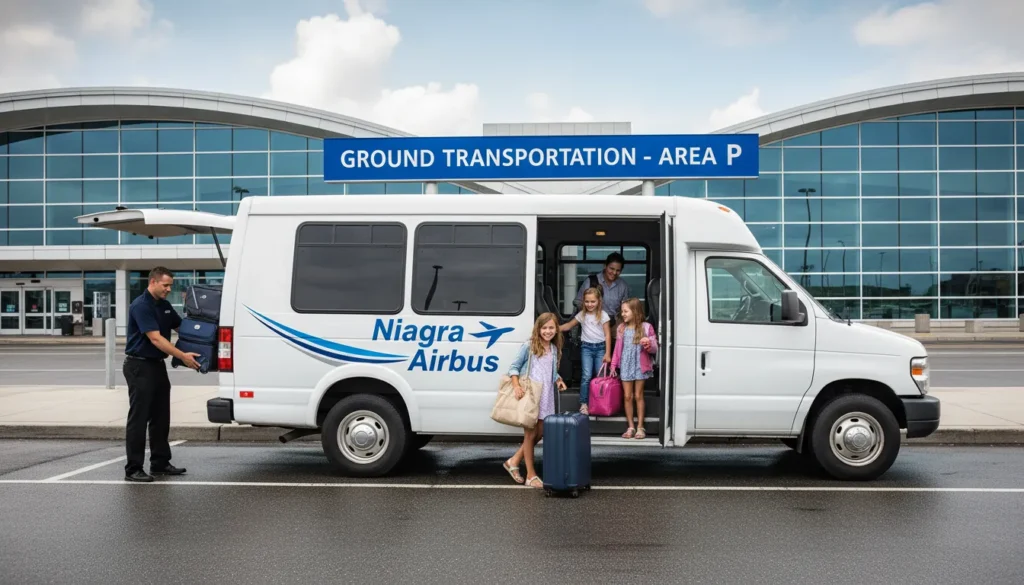 White Niagara Airbus shuttle van parked at Pearson Airport Ground Transportation area with driver helping passengers load luggage