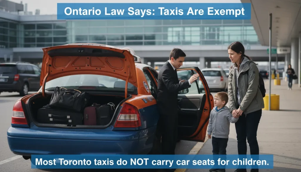 A Toronto taxi parked outside Pearson Airport. A parent stands with a child and luggage looking confused because the taxi driver says no car seat available. Text overlay reads: No. Ontario law exempts taxis from providing car seats.