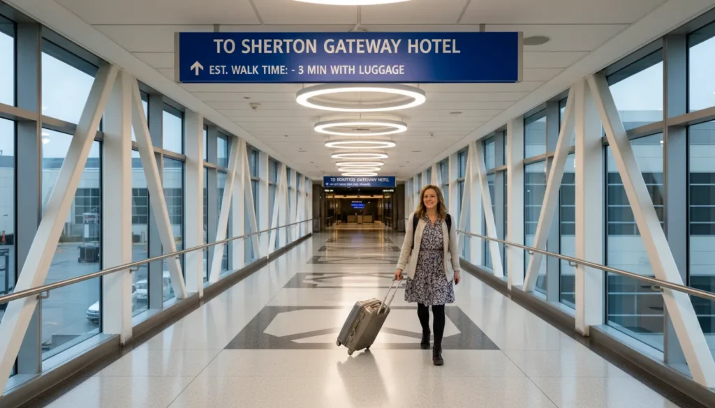 Person pulling suitcase while walking from Pearson Terminal 3 station to Sheraton Gateway Hotel through indoor walkway