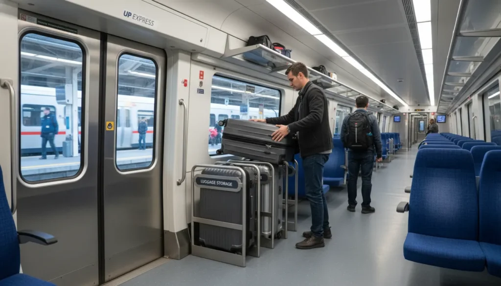 Inside UP Express train showing luggage racks near doors with passengers storing suitcases and carry-on bags