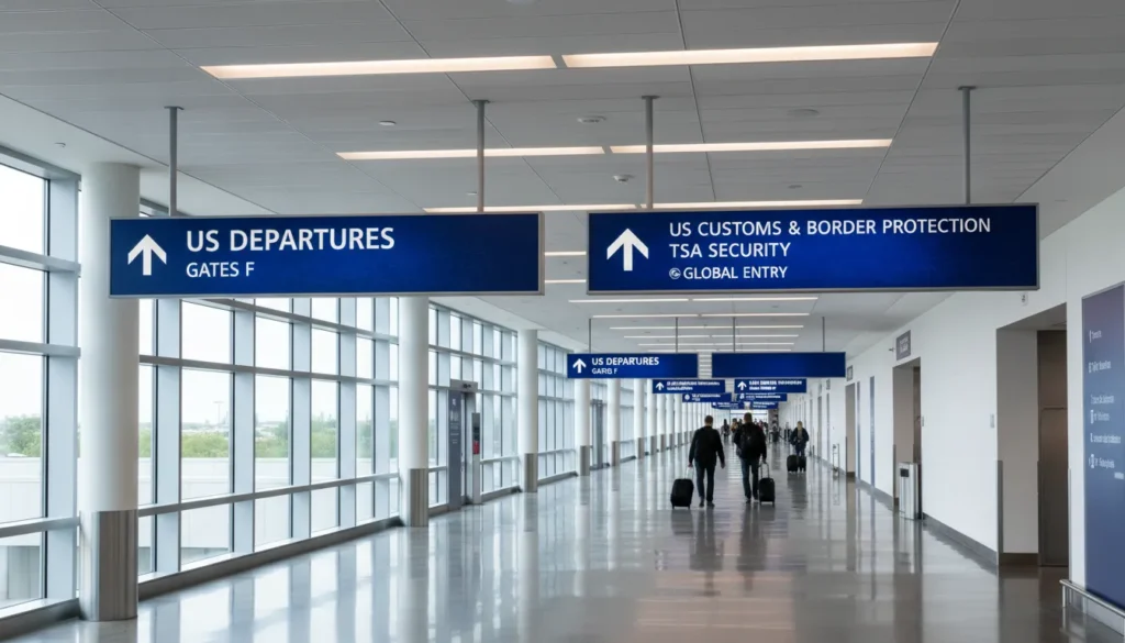 Signage inside Toronto Pearson Terminal 1 guiding passengers to US Customs and Border Protection.