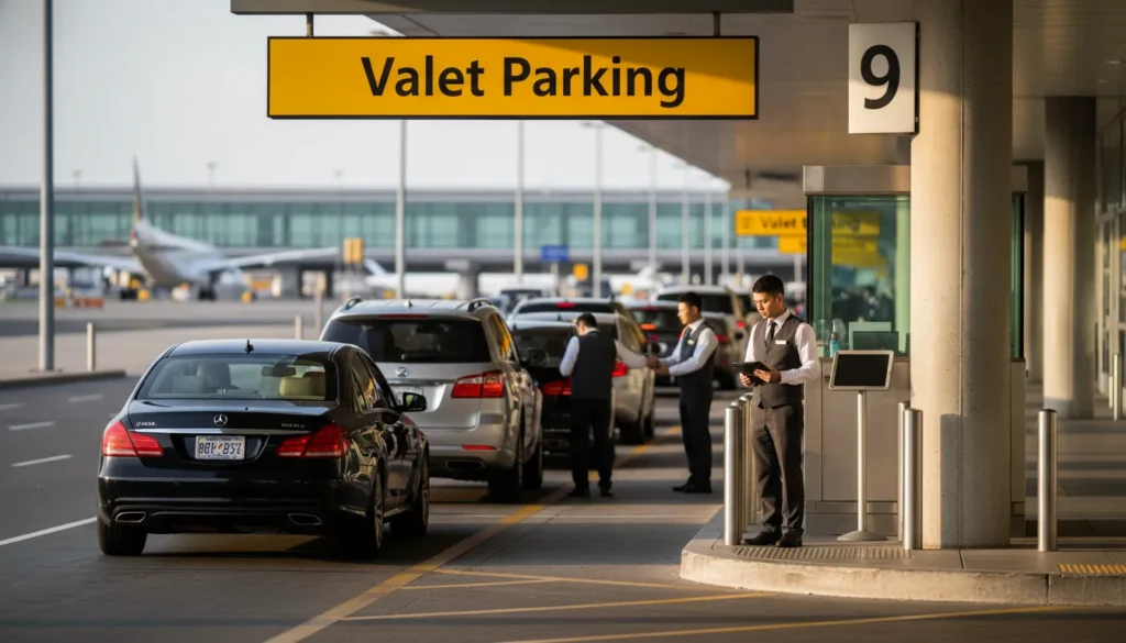 Comparison table showing 6 parking options at Toronto Pearson. Express Park $40-45/day 2-3 min walk. Daily Park $30-35/day 5-7 min walk. Preferred Park $50-55/day 1-2 min walk. Value Park Garage $30/day 6-12 min shuttle. Value Park Lot $25/day 9-15 min shuttle. Valet Care starts $20 curbside.