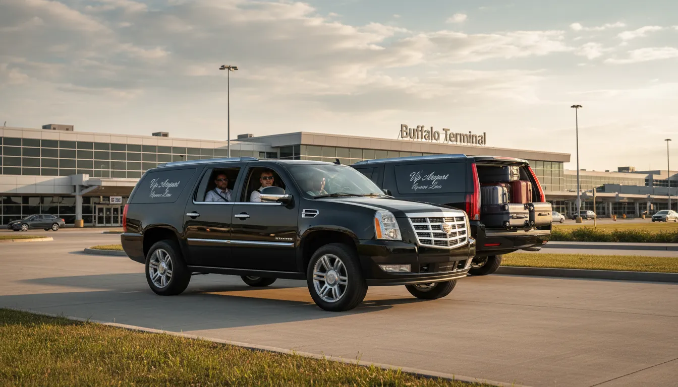 Luxury black Cadillac Escalade SUV for cross-border family airport transportation from Toronto to Buffalo Airport.