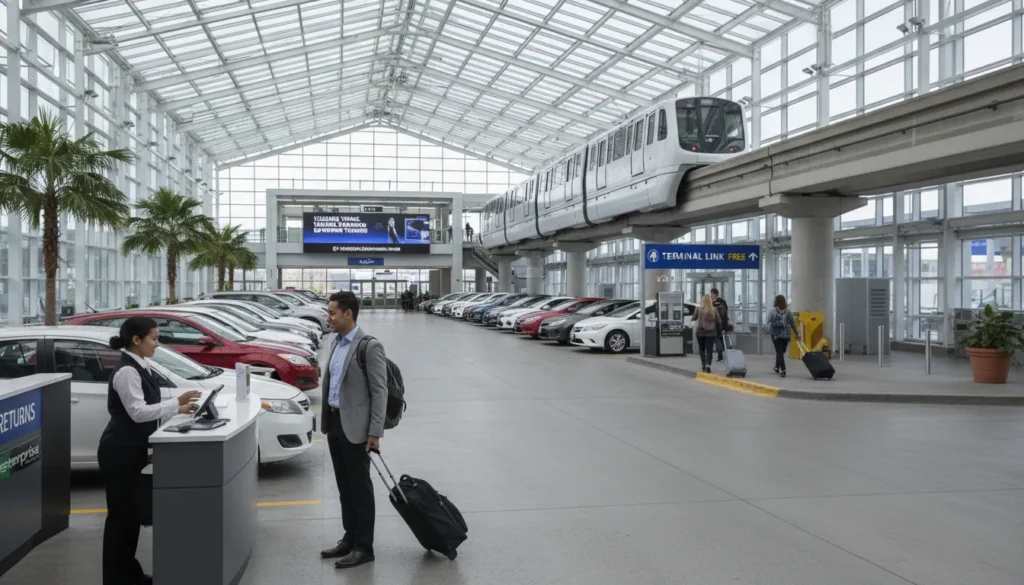 Rental car return area at Pearson Airport with row of rental cars and free Terminal Link train station sign visible