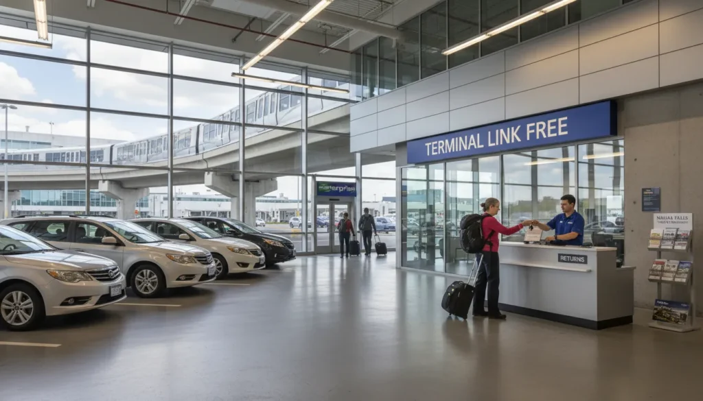 Rental car return area at Pearson Airport with row of rental cars and free Terminal Link train station sign visible