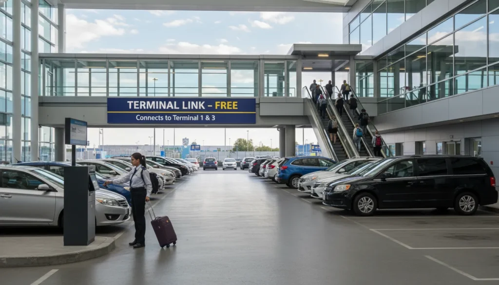 Rental car return area at Pearson Airport with row of rental cars and free Terminal Link train station sign visible