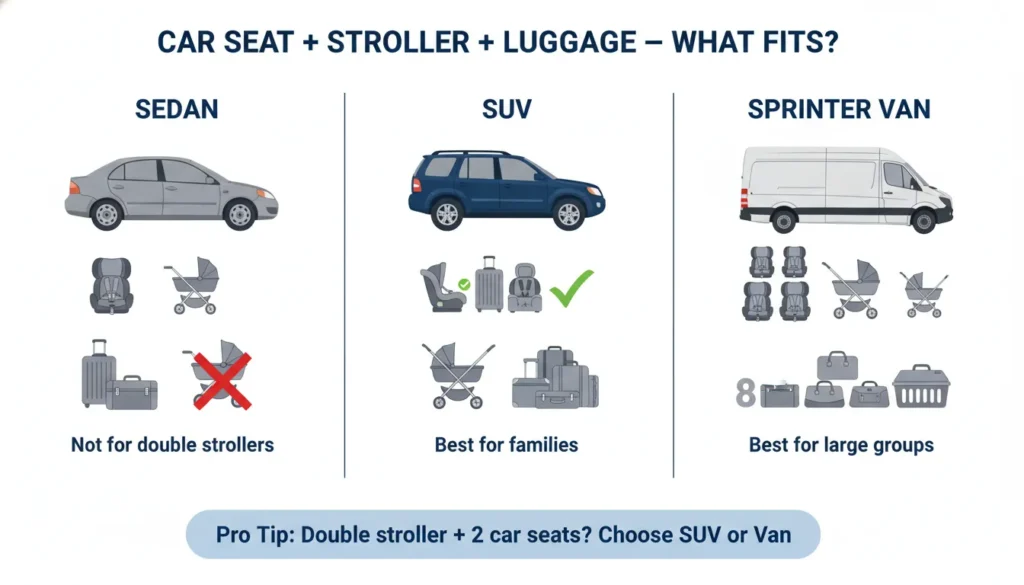 Comparison showing Sedan fits 1 car seat and umbrella stroller only, SUV fits 3 car seats and double stroller, Sprinter Van fits 4+ car seats and multiple strollers for Toronto airport family travel