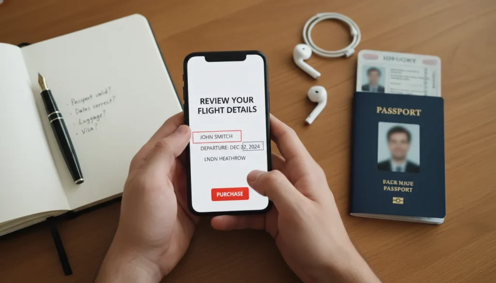 A close-up view of a person using an airline mobile app to book a flight ticket next to a passport on a wooden desk.
