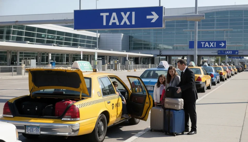 Line of traditional taxis parked at Pearson Airport taxi stand with luggage being loaded into trunk and airport terminal in background