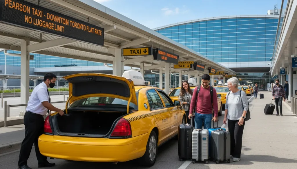 Line of traditional taxis parked at Pearson Airport taxi stand with luggage being loaded into trunk and airport terminal in background