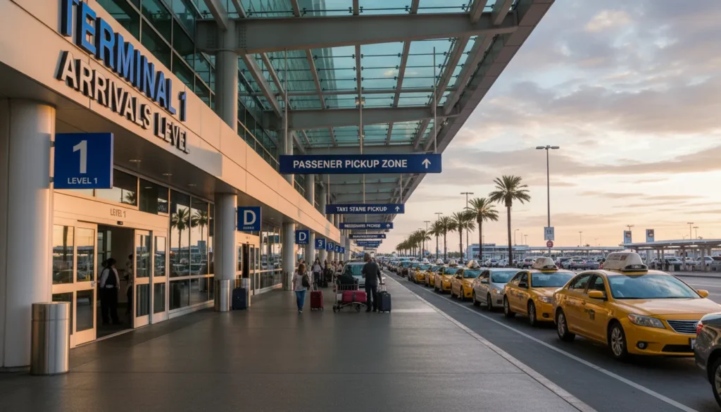 Terminal 1 arrivals level Level 1 entrance at Pearson Airport with Door D and pickup zone signs
