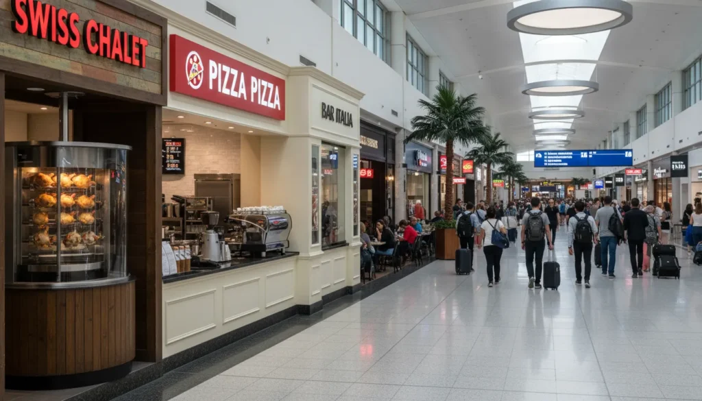 Restaurants near Gate E60-75 at Terminal 1 international concourse. Swiss Chalet sign with chicken logo. Pizza Pizza red signage. Bar Italia cafe. Passengers walking in hallway.
