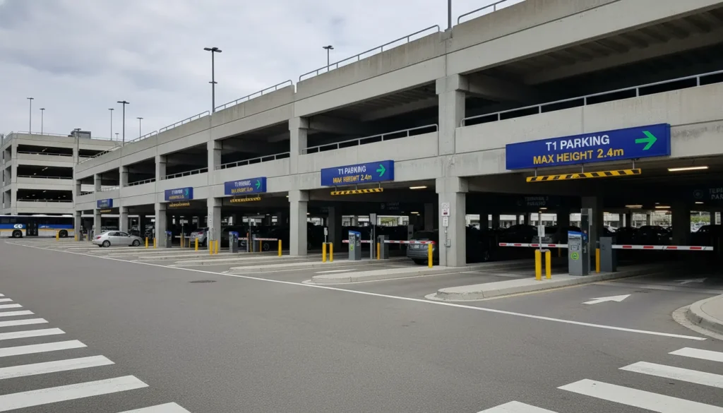 The vehicle entrance lane of the Terminal 1 Daily Park Garage at Pearson Airport showing height clearance warning signs.