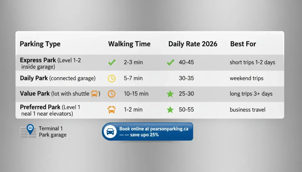 Comparison table showing four parking options at Terminal 1: Express Park $40-45/day 2-3 min walk, Daily Park $30-35/day 5-7 min walk, Value Park $25-30/day 10-15 min with shuttle, Preferred Park $50-55/day 1-2 min walk