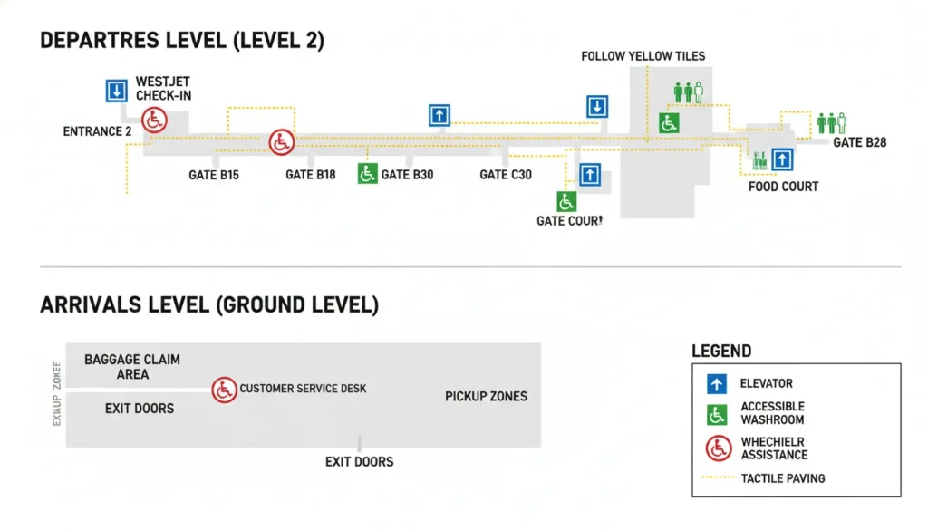 Terminal 3 Toronto Pearson accessibility map showing elevator locations near Entrance 2, Gate B15 and Gate C28, accessible washrooms near Gate B18, Gate C30 and Food Court, wheelchair assistance points at departures check-in and arrivals baggage claim, and yellow tactile paving lines throughout the terminal floor.