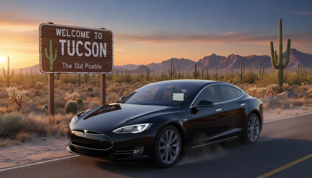 A rental car parked in front of a desert landscape in Tucson, Arizona.