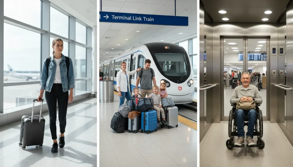 Illustration showing solo traveler with light luggage, family with kids and heavy bags, and wheelchair user at Pearson Terminal 3 station