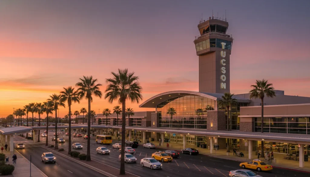 The main entrance and exterior of Tucson International Airport (TUS) in Arizona.